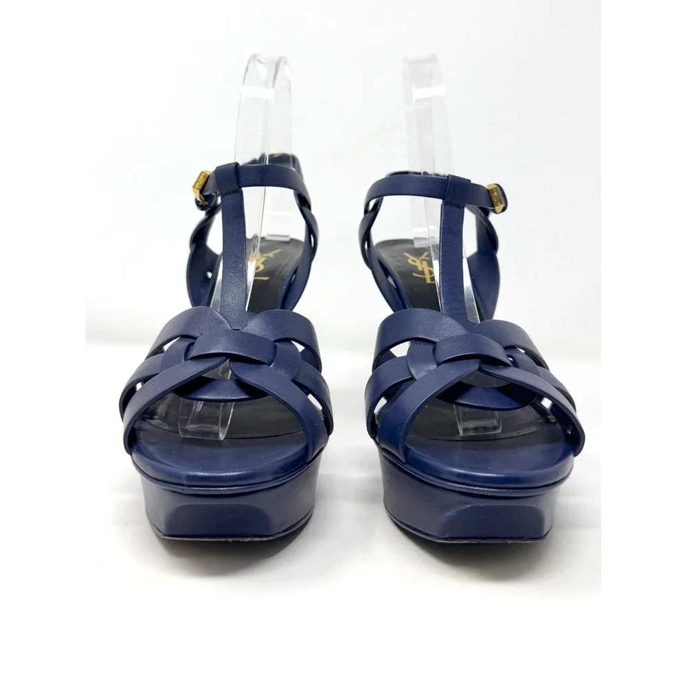 Saint Laurent Tribute Blue Leather Platform Sandals Heels 39.5 - Picture 4 of 11